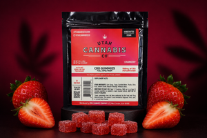 A black pouch of Utah Cannabis CV CBD Gummies, strawberry flavor, displayed on a black stand with several red gummy candies in front and fresh whole and sliced strawberries on both sides against a dark red background.